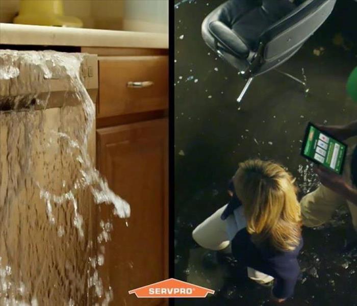 Overflowing dishwasher and two SERVPRO employees walking in a flooded room.